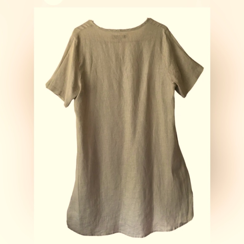 Flax Natural Beige Linen V-Neck Short Sleeve Dress - Picture 4 of 4